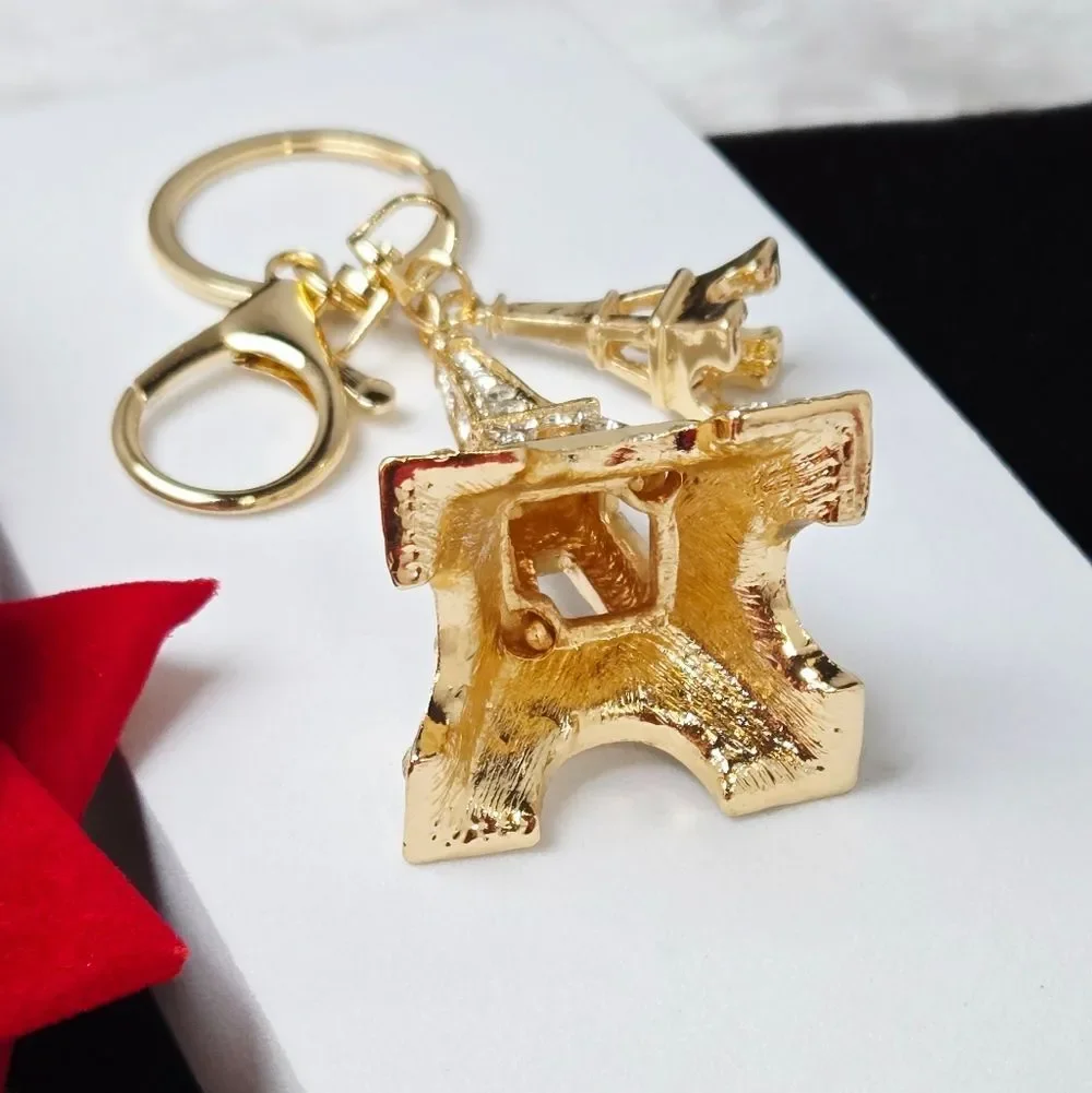 Gold Rhinestone Eiffel Tower Keychain Paris Charm Statement Bag Clip Accessory